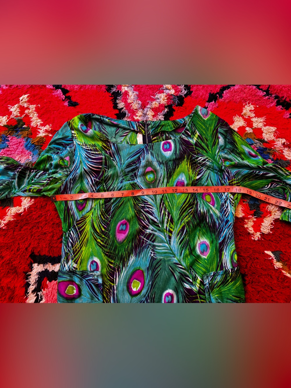 60s Vintage Peacock Print Wiggle Dress Sz L - Picture 4 of 8